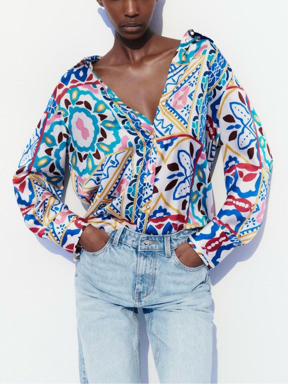 Zara Satin Effect Scarf Print Button Down Shirt Multicolor Boho Statement